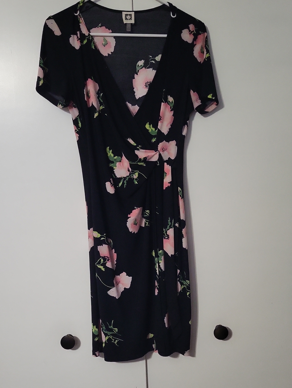 Anne Klein Black Faux Wrap Midi Dress with Pink Floral Print